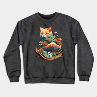 Mt Fuji Wise Yokai Cat Watercolors Crewneck Sweatshirt